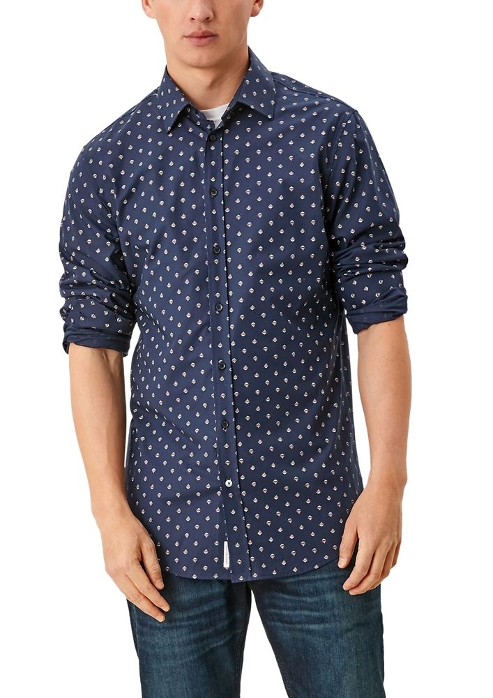 s.oliver Herren Hemd langarm Popeline gemustert  blau S12  2107873 S | 58A2 dark blue | 