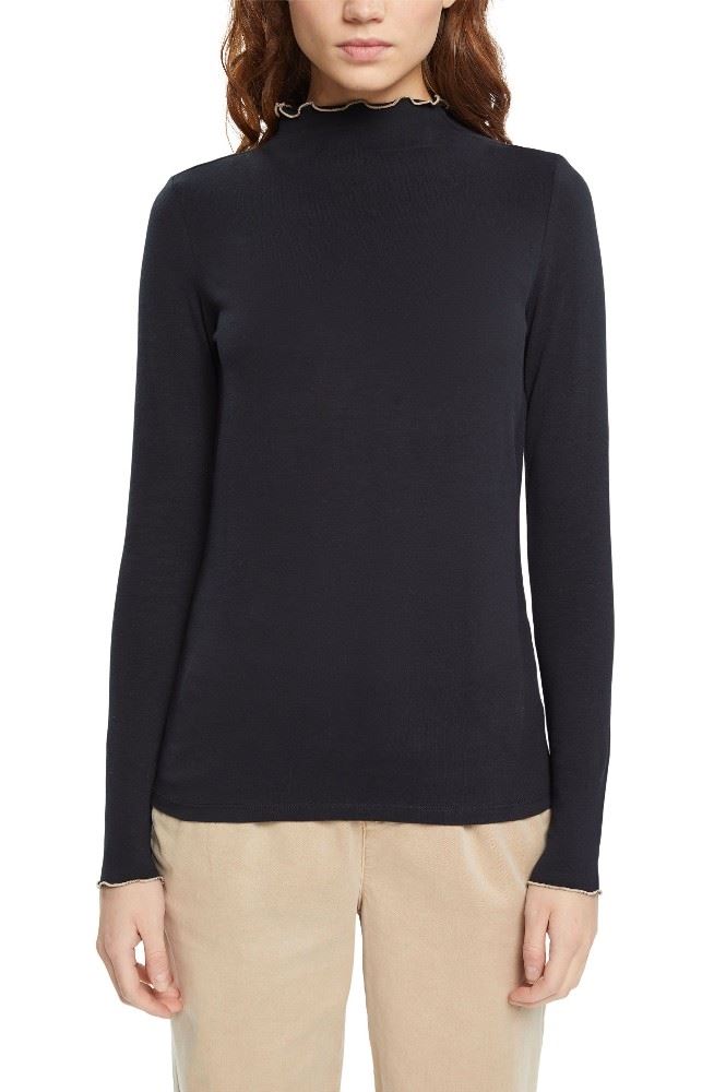 EDC Langarmshirt Long Sleeve gerüschter Ärmelbund, Auschnitt Kontrastnähte schwarz S22  082CC1K311 L | C001 BLACK | 