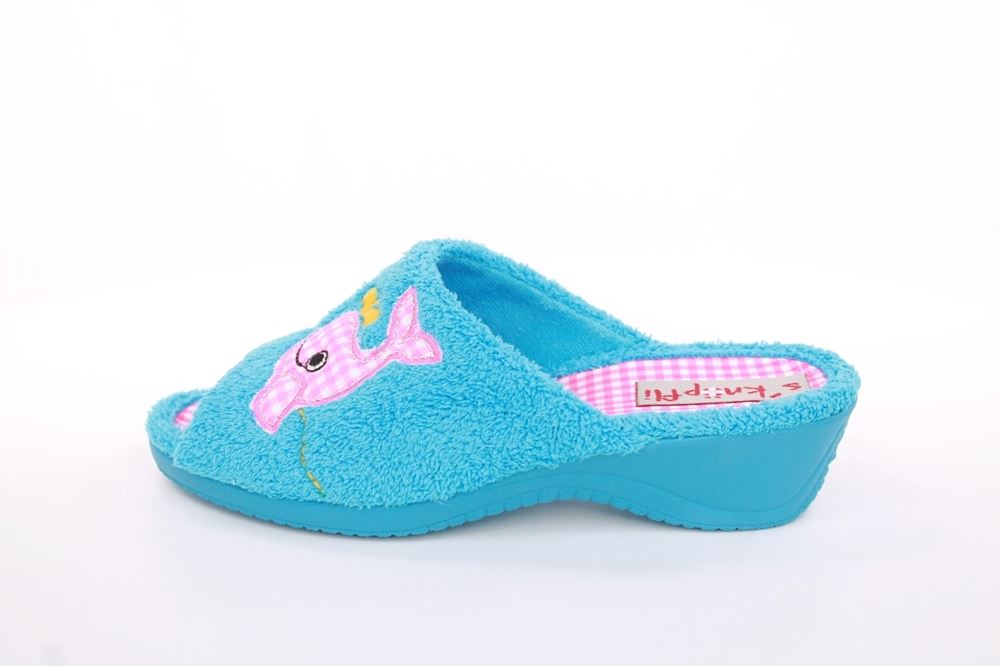 s`knöpfli Damen Pantolette Hausschuh Frottee Motiv- Druck blau S13 K27314 