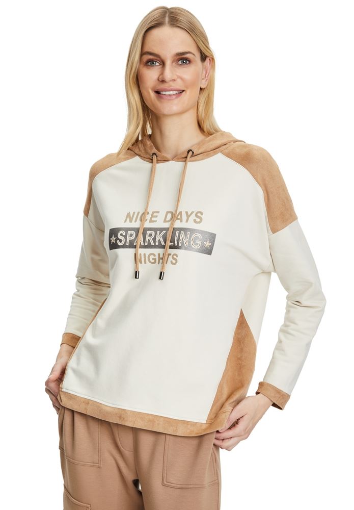 Betty Barclay Sweatshirt Kapuze Statement Druck überschnittener Arm beige S22  25241133 