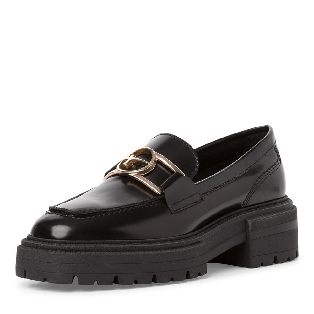 Tamaris Slipper LoaferLeder Goldspange mit Logo TOUCHit- Fußbett schwarz S22 1-1-24709-29 