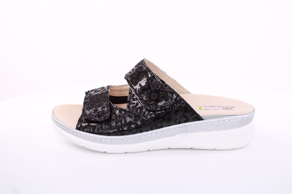 Fußbequem Damen Pantolette Wechselfußbett Stretch- Einsatz metallisch glänzend braun, schwarz S13 5012 
