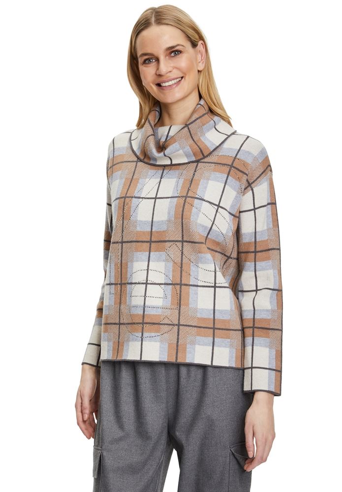 Betty Barclay Strickpullover großer Kragen Karo- Muster beige S22 57861026 