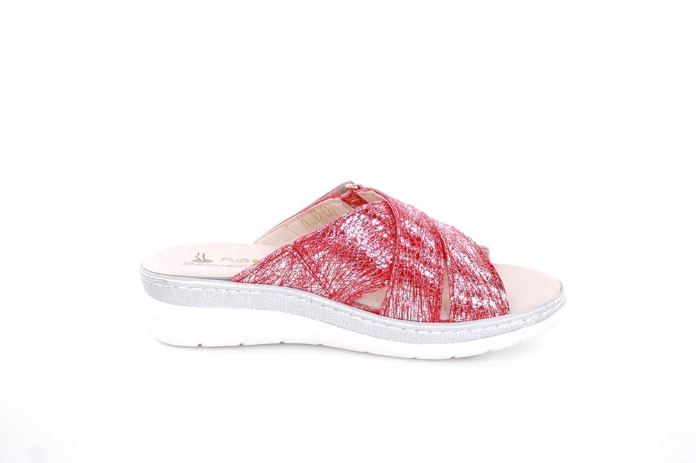 Fußbequem Damen Pantolette Wechselfußbett metallisch glänzend rot S213 5013 