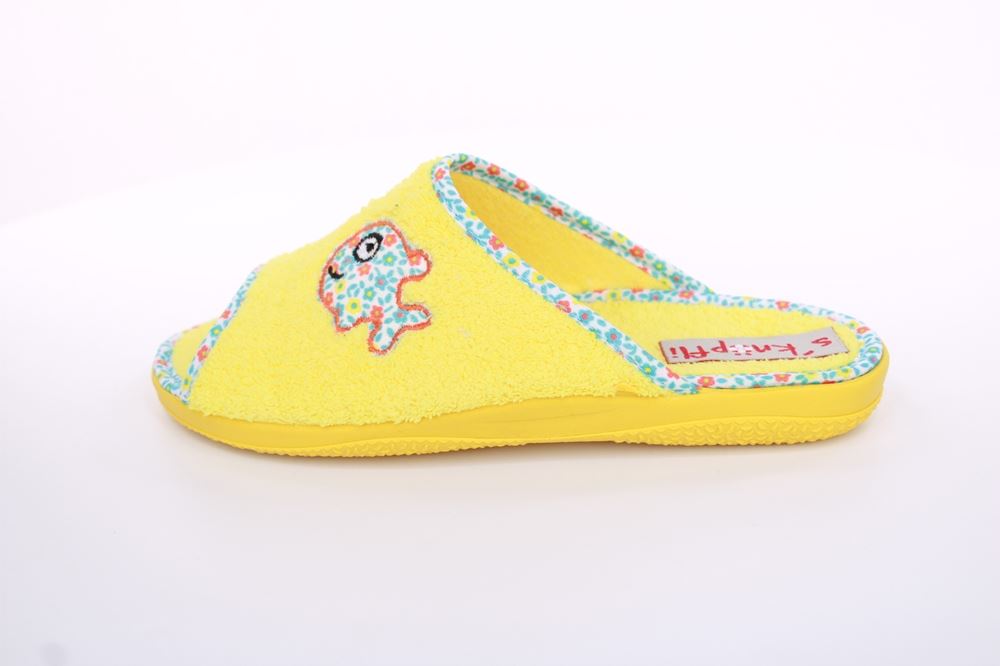 s`knöpfli Damen Pantolette Hausschuh Frottee Fisch- Motiv gelb S13 X27462 