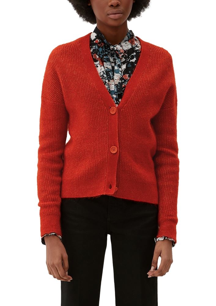 QS designed by Strickjacke Knopfleiste V- Ausschnitt  orange, grün S22 2119043 