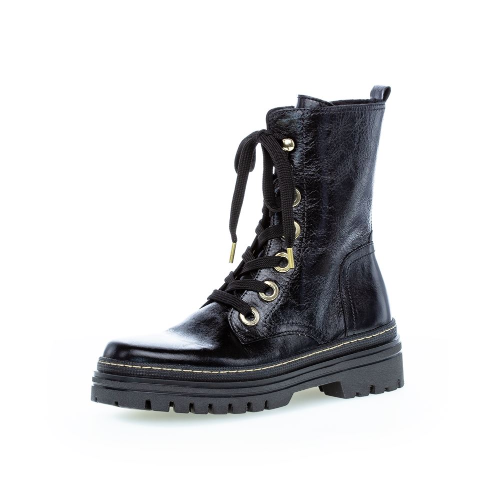 Gabor Bikerboot Schnürstiefelette Leder Wechselfußbett schwarz S22 91.721.37 7,5 | schwarz (gold) | F