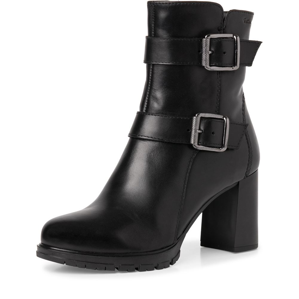 Tamaris Stiefelette Leder Zierschnallen hoher Blockabsatz TOUCHit- Fußbett schwarz S22 1-1-25384-29 37 | 001 BLACK | 