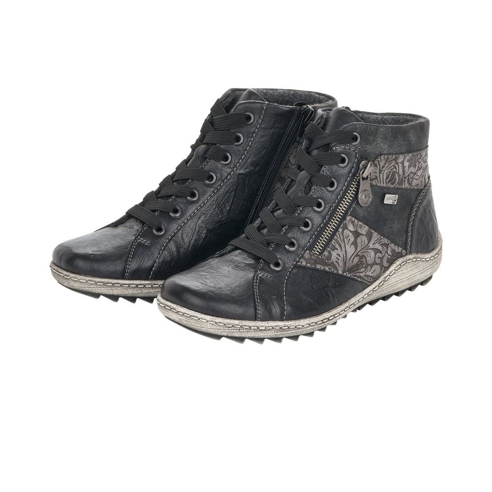 Remonte Stiefelette Schnürstiefel Reißverschluss Tex Membran Wechselfußbett schwarz grau  R1497-45 