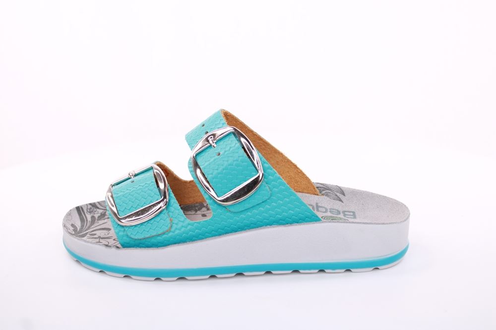 Fußbequem Damen Pantolette Leder weiß, blau S13 D1112 