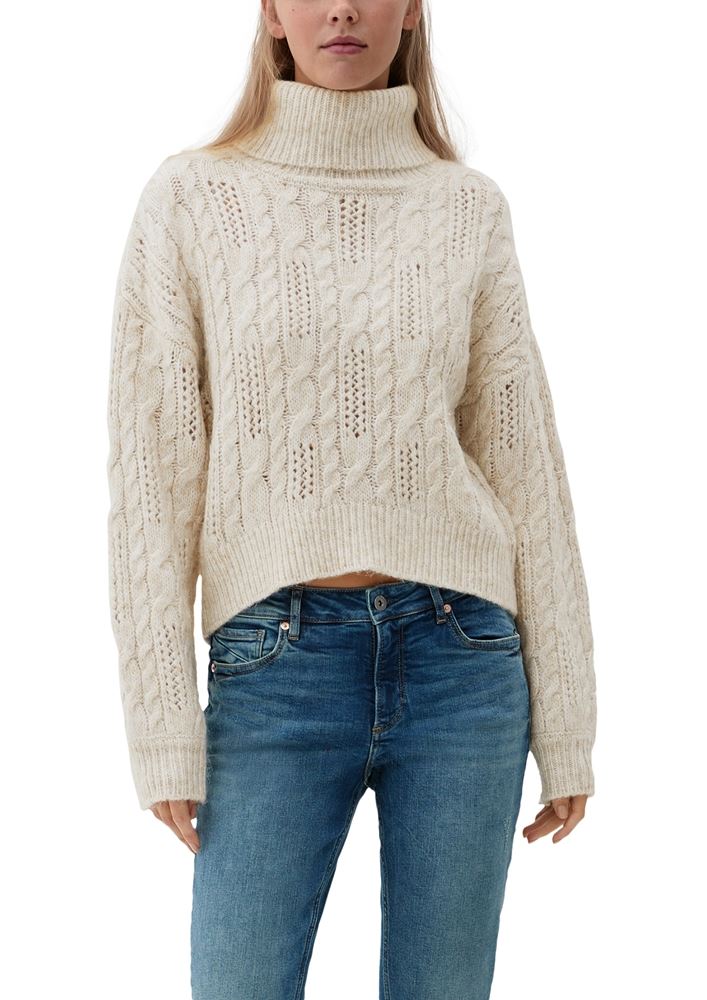 QS designed  by Pullover Ajourmuster Rollkragen beige, grün S22 2119042 L | 76W0 GREEN | 