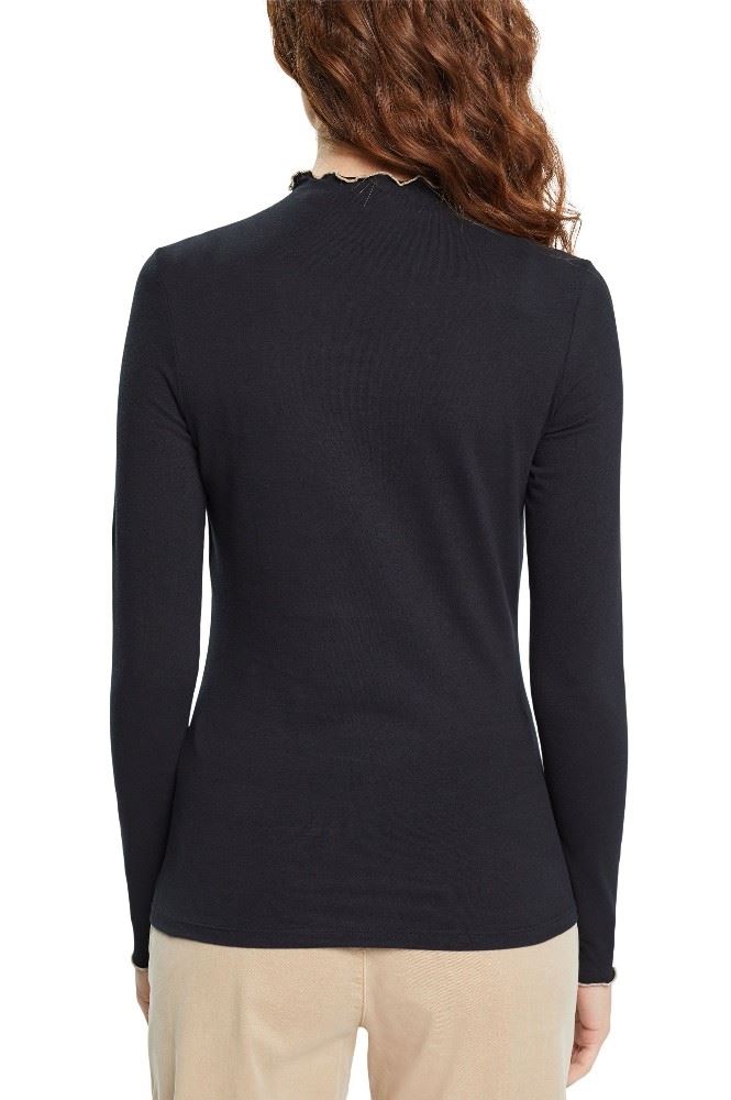 EDC Langarmshirt Long Sleeve gerüschter Ärmelbund, Auschnitt Kontrastnähte schwarz S22  082CC1K311 L | C001 BLACK | 