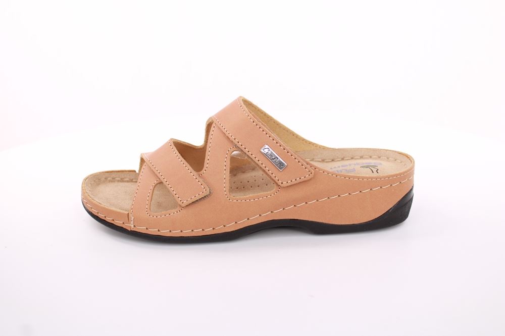 Fußbequem Damen Pantolette Leder Klettverschluss braun, grau S13 2000 
