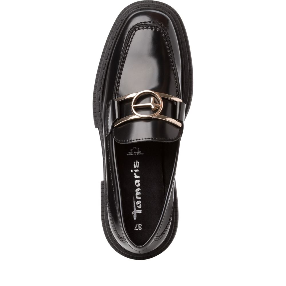 Tamaris Slipper LoaferLeder Goldspange mit Logo TOUCHit- Fußbett schwarz S22 1-1-24709-29 