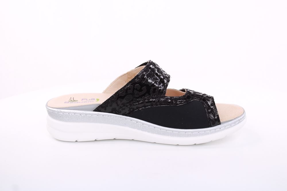 Fußbequem Damen Pantolette Wechselfußbett Stretch- Einsatz metallisch glänzend braun, schwarz S13 5012 