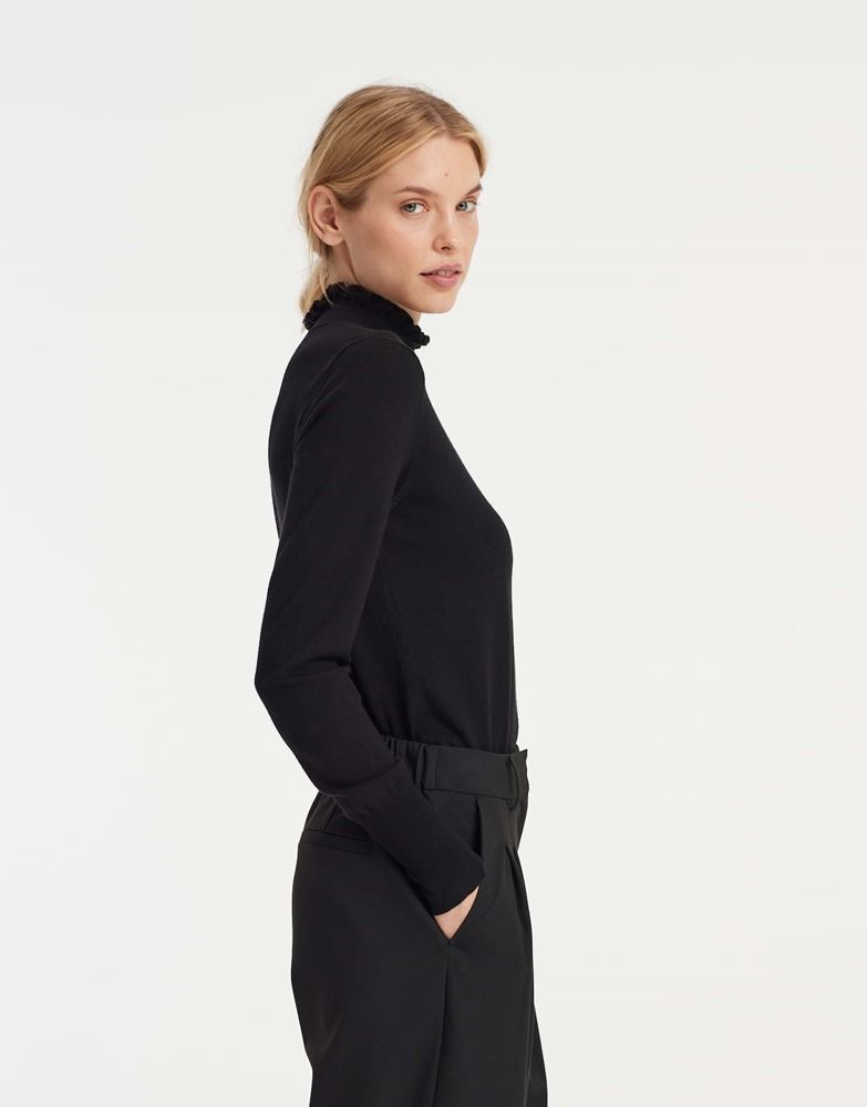 OPUS Strickpullover Polluna Rippbündchen Rüschenkante schwarz S22 1012515998100 44 | 900 black | 