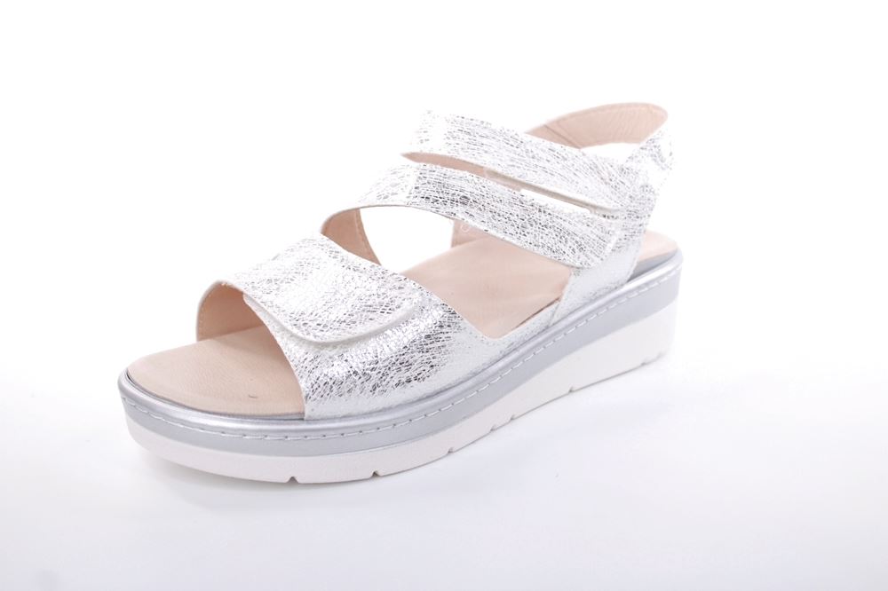 Fußbequem Damen Sandale Wechselfußbett metallisch glänzend weiß S13 10201 