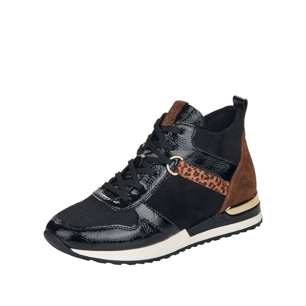 Remonta Damen Sneaker High Schnürschuh Leder, Lederimitat, Lack  Wechselfußbett schwarz S22 R2574-02 36 | black/schwarz/s | F