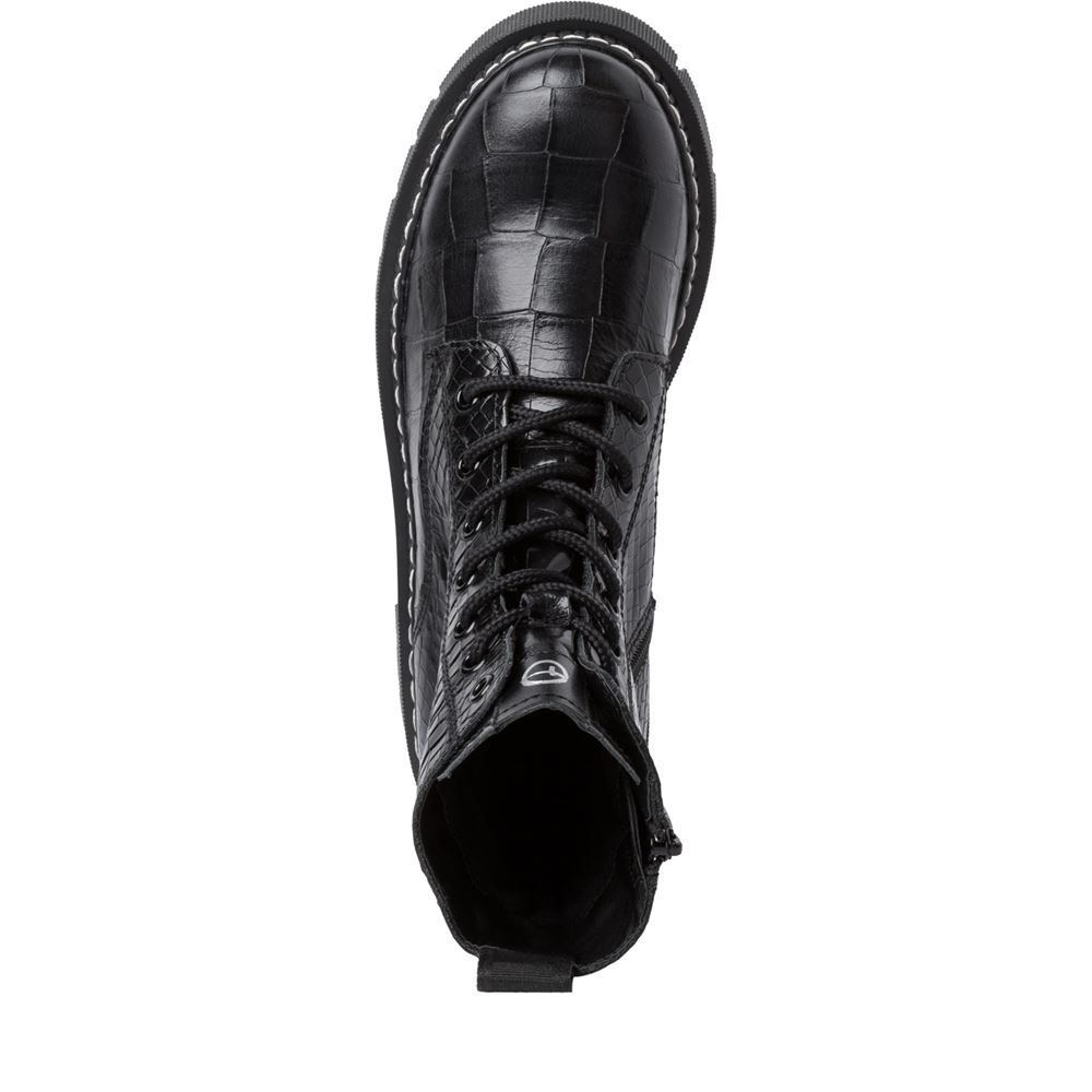 Tamaris Schnürstiefelette Schnürboots Leder Croco- Prägung derbe Sohle TOUCHit-Fußbett schwarz S22 1-1-25862-29 37 | 028 BLACK CROCO | 