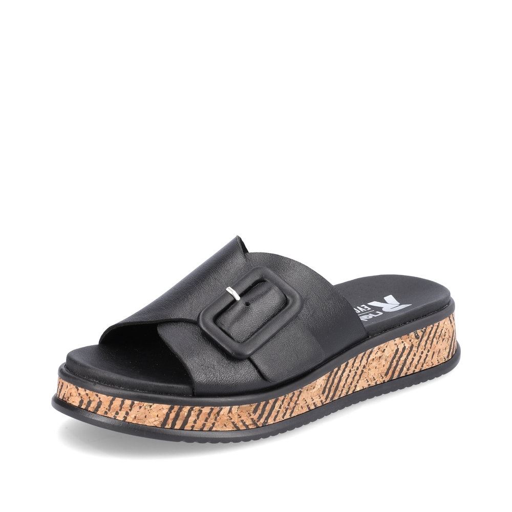 Rieker EVOLUTION Damen Pantolette dekorative Schnalle Sohle Korkoptik Leder schwarz S13 W0803-00 