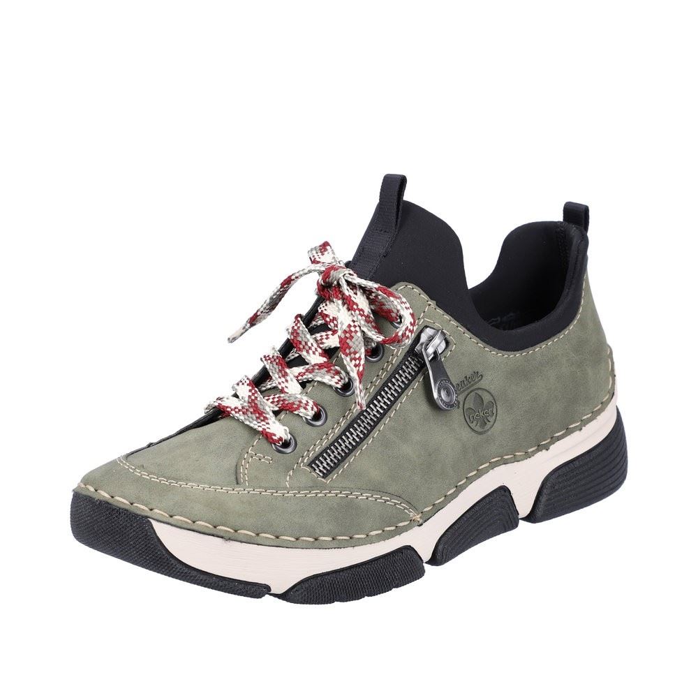 Rieker Antistress Damen Slipper Sneaker Schlupfschaft Zierreißverschluss Wechselfußbett grün S22 45973-54 37 | liane/schwarz | F