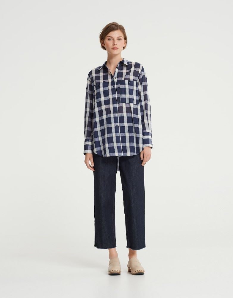 OPUS Bluse FRANNIE Oversize Longbluse kariert blau S22 10070610602143 