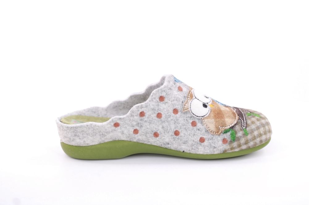 s`knöpfli Damen Hausschuh Pantolette Eulenmotiv Wechselfußbett grau S22 Z27658P 37 | fieltro kaki | 