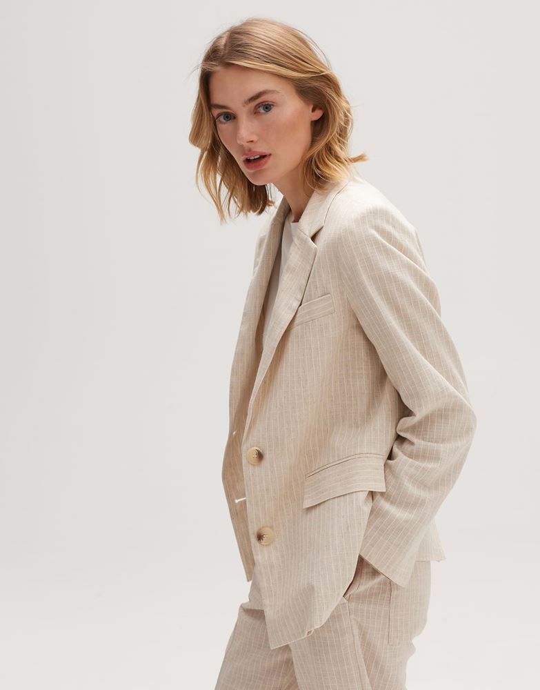 OPUS Blazer Jenga Leinenmix Klappentaschen helle Streifen beige S13  10164911342185 