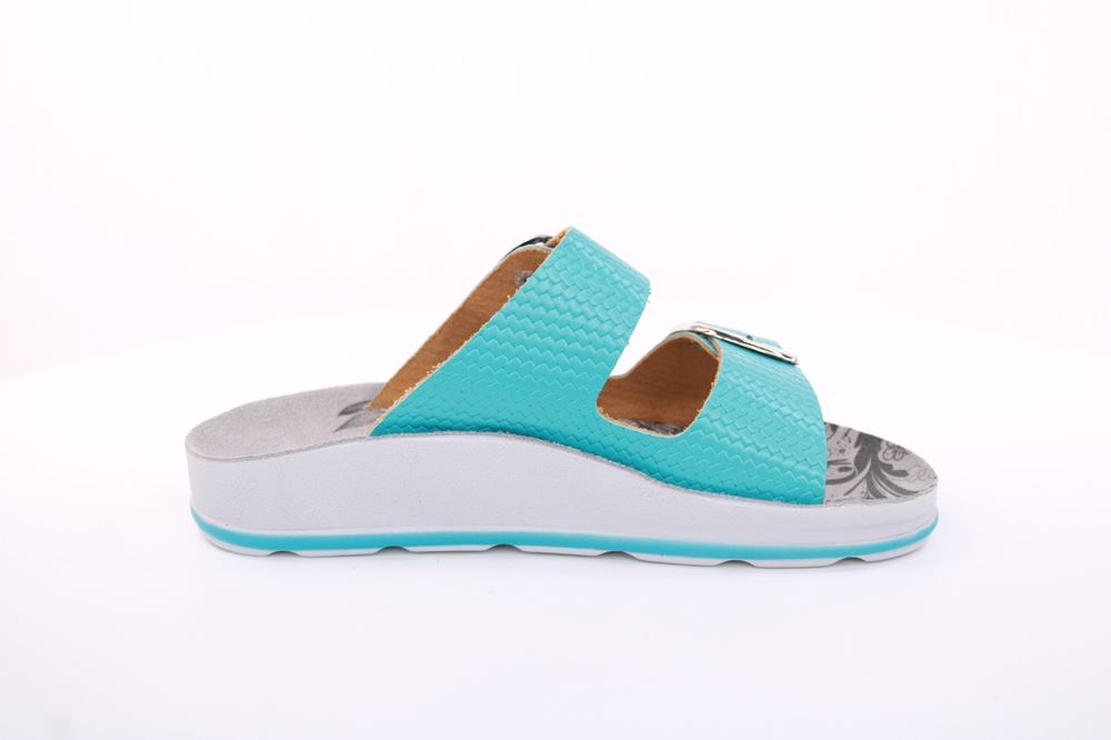 Fußbequem Damen Pantolette Leder weiß, blau S13 D1112 