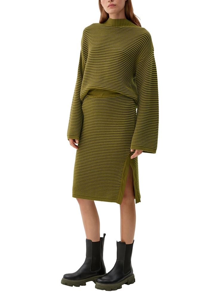 s.Oliver Damen Strickpullover Streifen Rippstruktur Trompetenärmel grün S22  2120792 40 | 77X6 GREEN | 