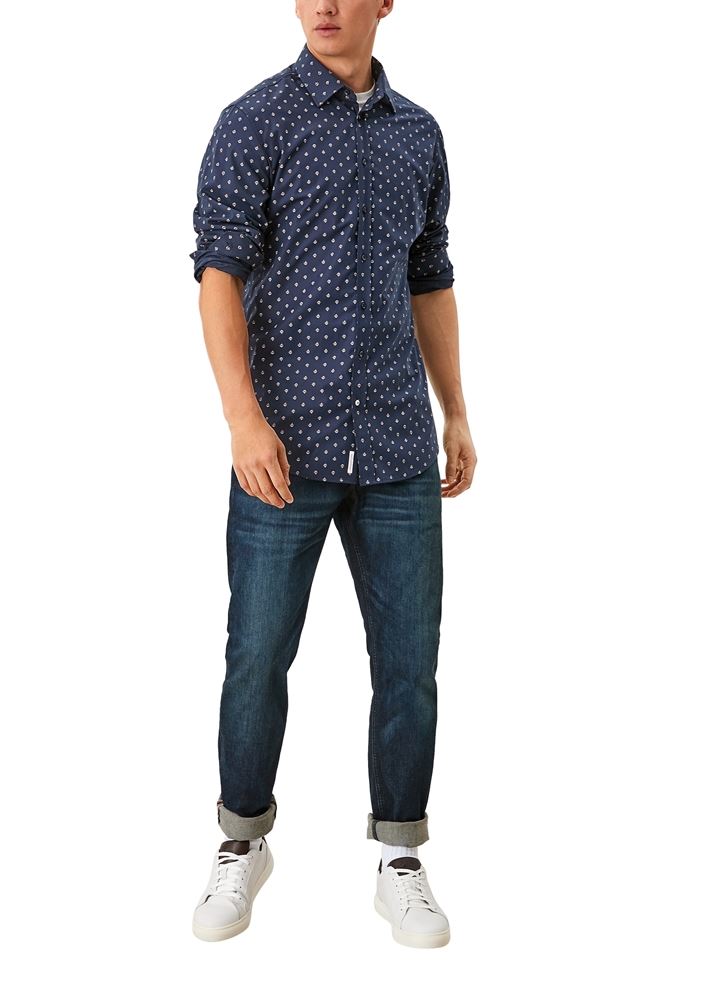 s.oliver Herren Hemd langarm Popeline gemustert  blau S12  2107873 S | 58A2 dark blue | 