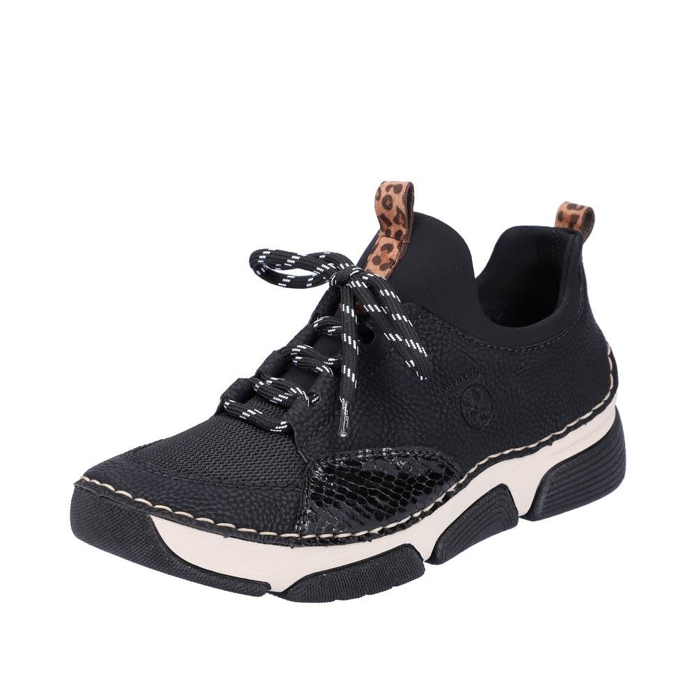 Rieker Antistress Damen Slipper Sneaker Schlupfschaft Wechselfußbett Animal- Print schwarz S22 45913-00 36 | schwarz/schwarz | F