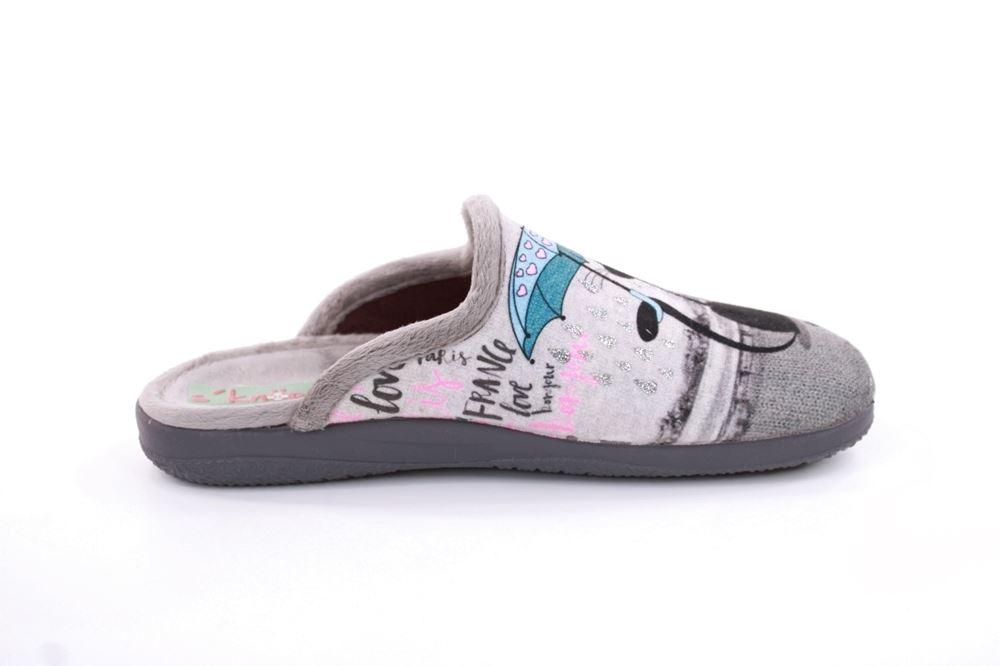 s`knöpfli Damen Hausschuh Pantolette Katzenmotiv grau S22 X27664 