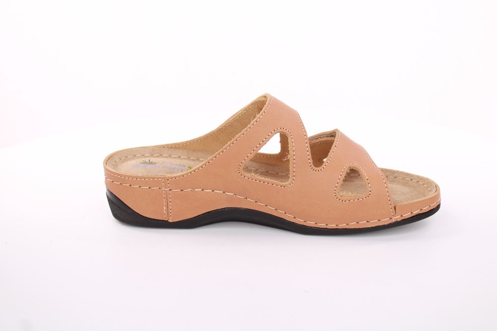 Fußbequem Damen Pantolette Leder Klettverschluss braun, grau S13 2000 