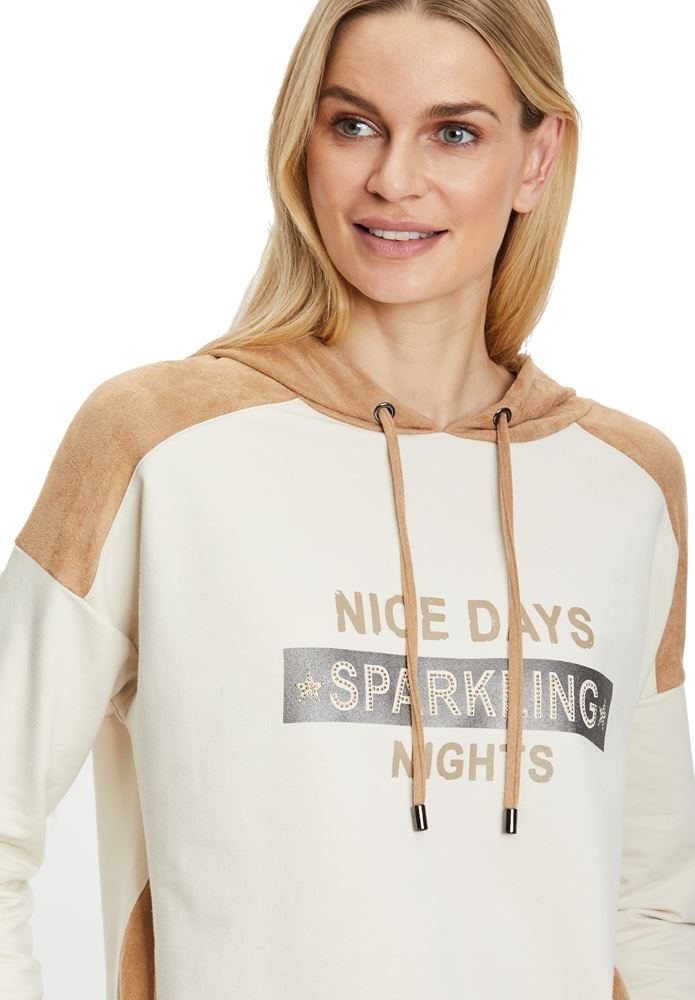 Betty Barclay Sweatshirt Kapuze Statement Druck überschnittener Arm beige S22  25241133 