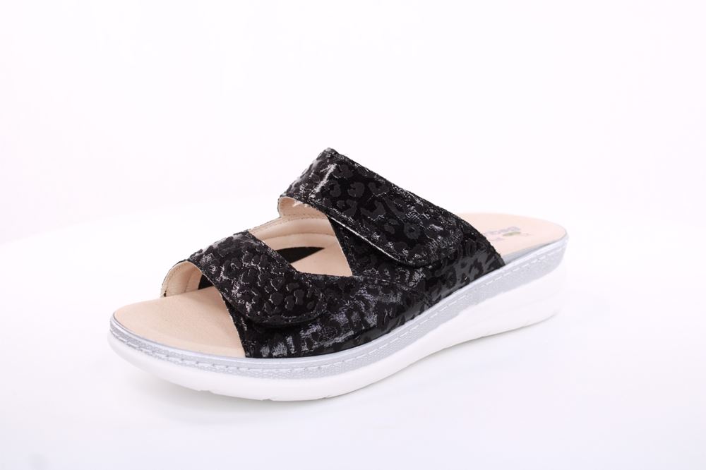 Fußbequem Damen Pantolette Wechselfußbett Stretch- Einsatz metallisch glänzend braun, schwarz S13 5012 