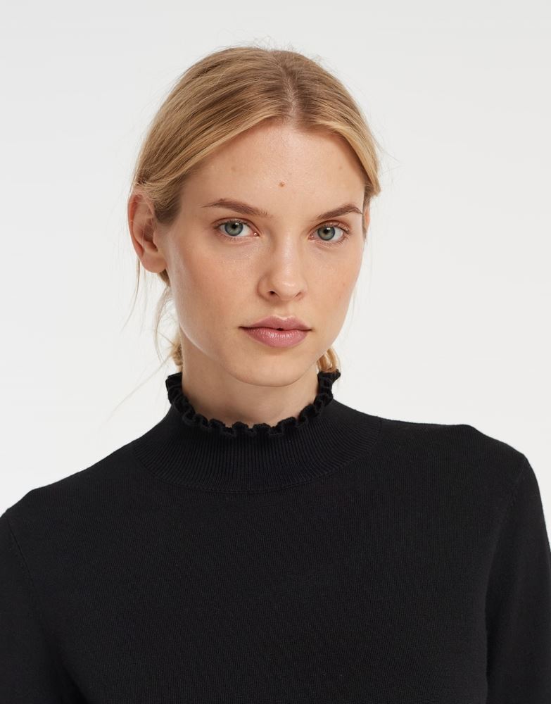 OPUS Strickpullover Polluna Rippbündchen Rüschenkante schwarz S22 1012515998100 44 | 900 black | 