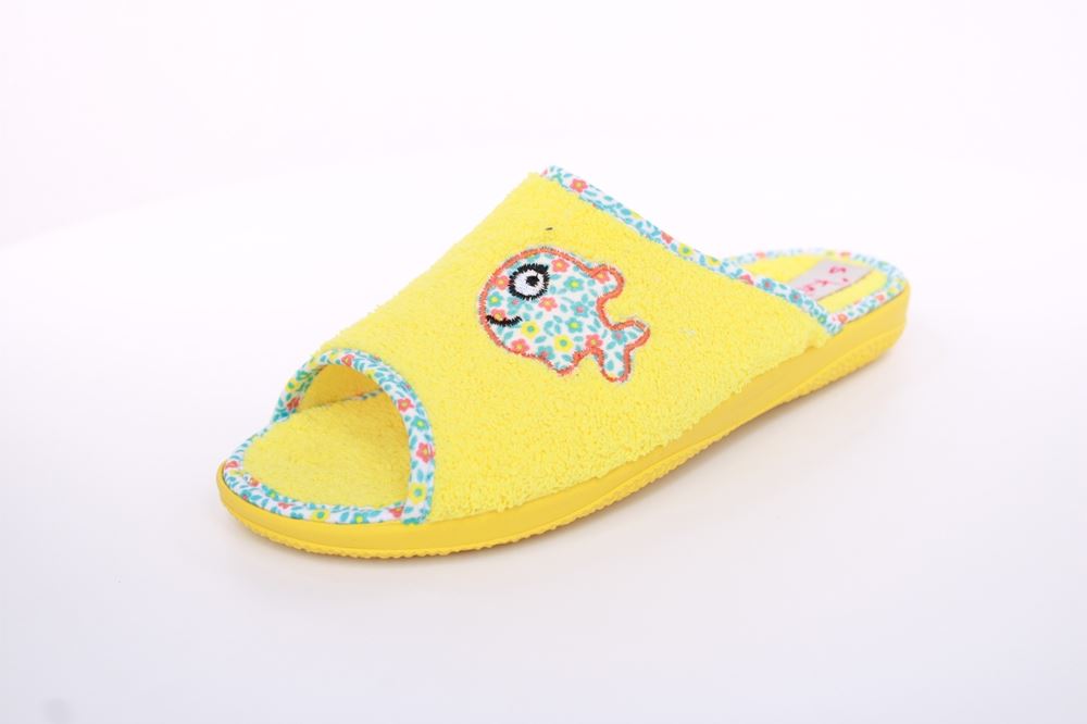 s`knöpfli Damen Pantolette Hausschuh Frottee Fisch- Motiv gelb S13 X27462 