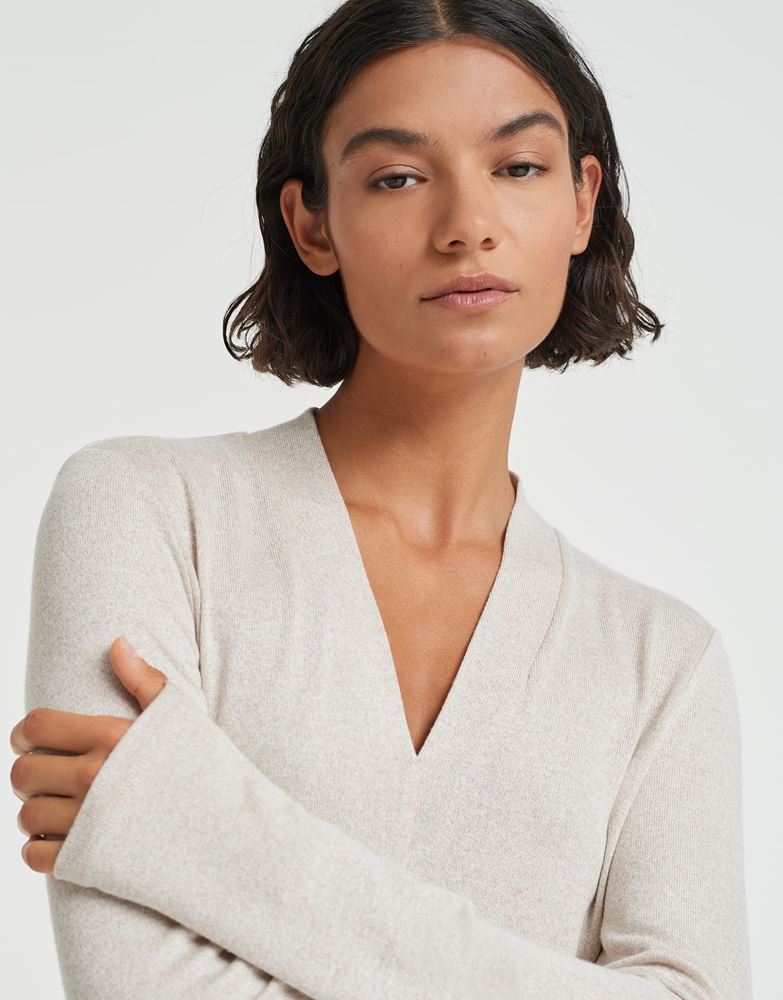 OPUS Langarmshirt Sabera ECOVERO™ Viskose Mix  V- Ausschnitt beige S13 10111510859146 