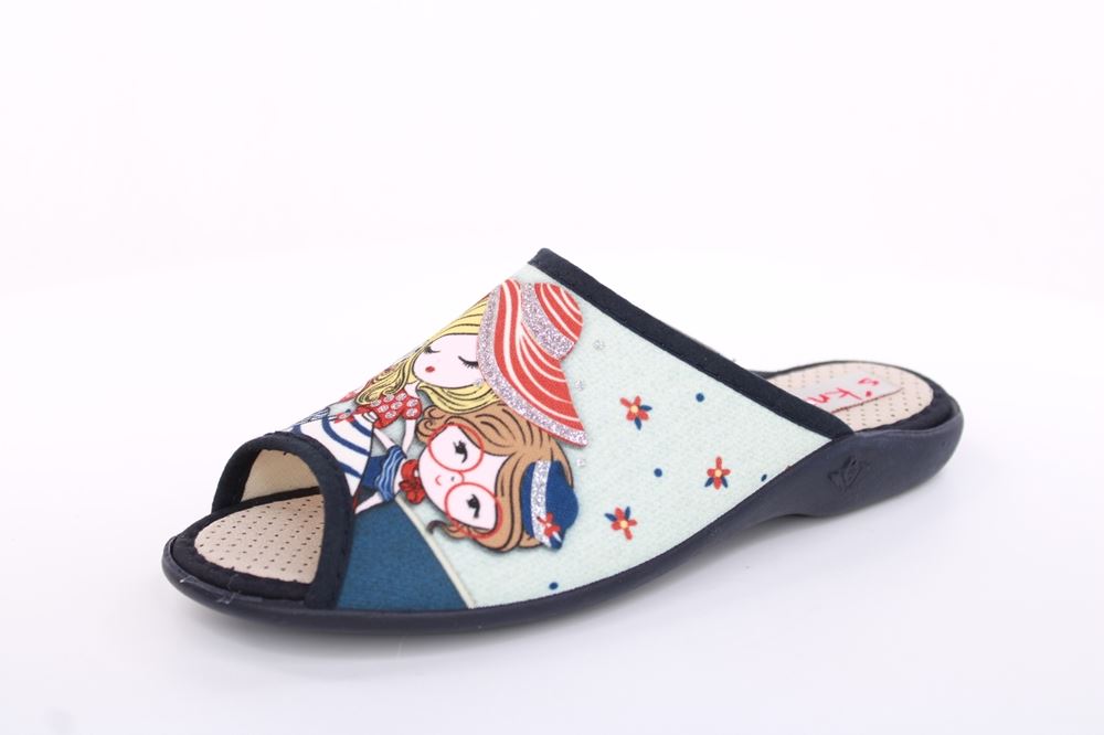 s`knöpfli Damen Pantolette Hausschuh Motiv blau S13 Z28827 