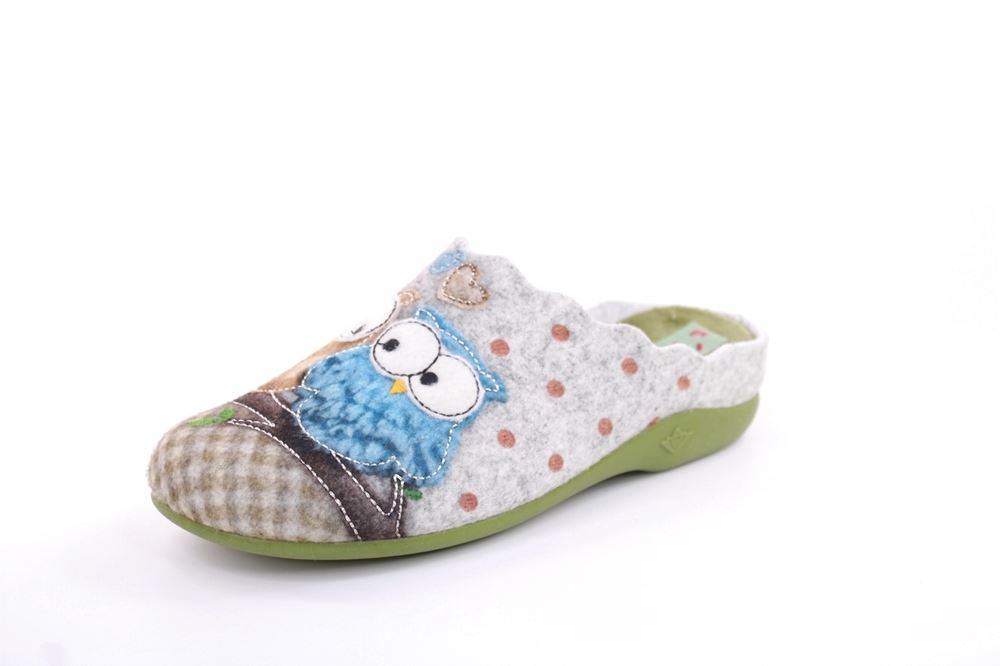 s`knöpfli Damen Hausschuh Pantolette Eulenmotiv Wechselfußbett grau S22 Z27658P 37 | fieltro kaki | 