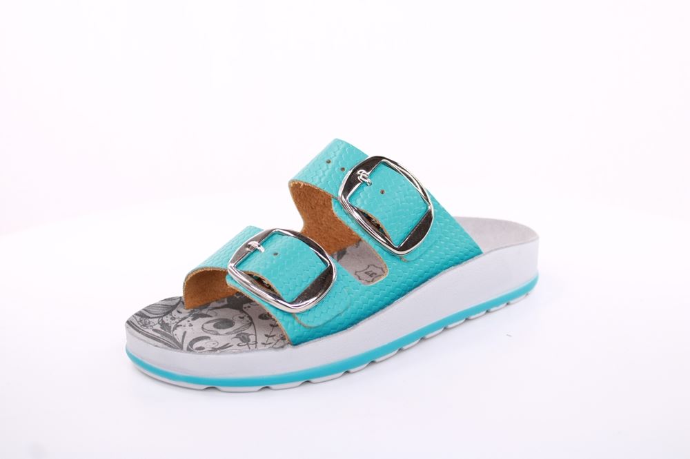 Fußbequem Damen Pantolette Leder weiß, blau S13 D1112 