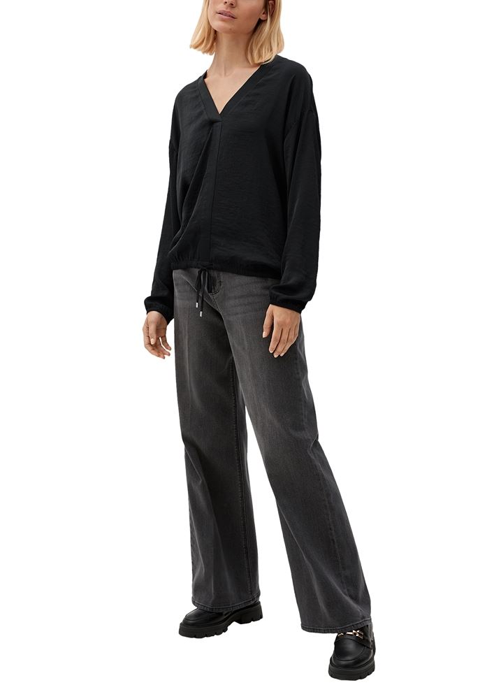 s.Oliver Damen Blusenshirt V-ausschnitt Gummibündchen Tunnelzug blau,schwarz S22 2125378 36 | 5659 BLUE | 