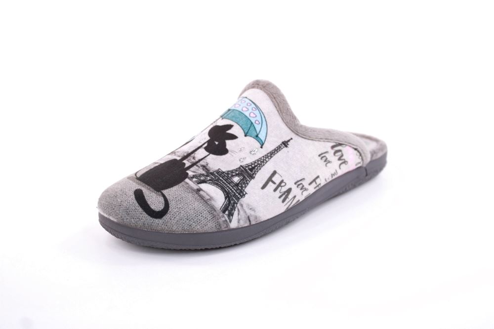 s`knöpfli Damen Hausschuh Pantolette Katzenmotiv grau S22 X27664 