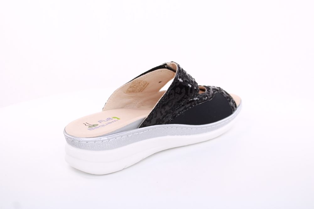Fußbequem Damen Pantolette Wechselfußbett Stretch- Einsatz metallisch glänzend braun, schwarz S13 5012 