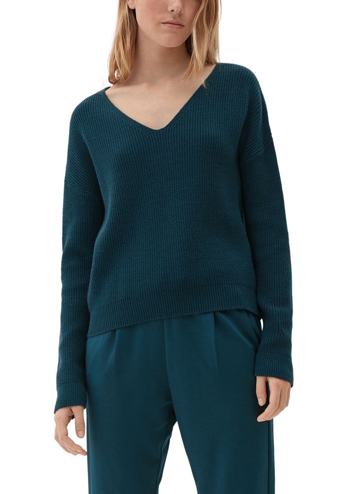 QS designed by Strickpullover Viskosemix V- Ausschnitt rosa, grün S22 2124656 L | 6985 BLUE GREEN | 