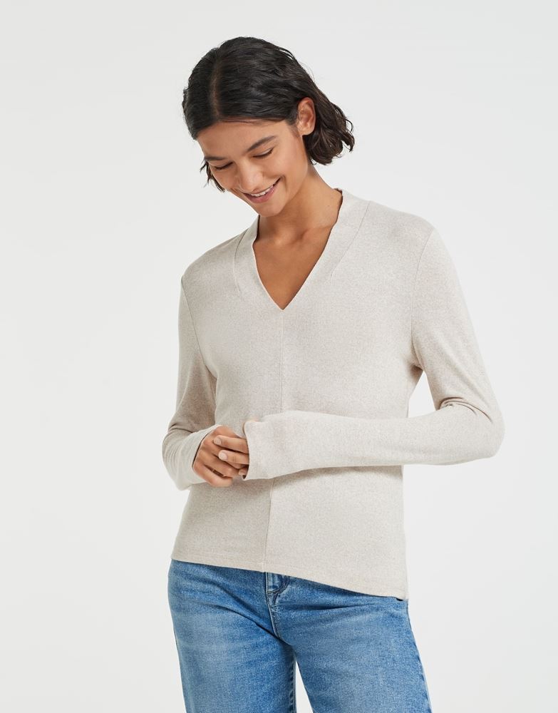 OPUS Langarmshirt Sabera ECOVERO™ Viskose Mix  V- Ausschnitt beige S13 10111510859146 