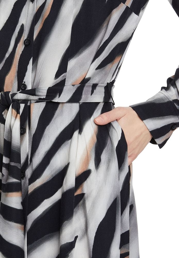 Betty Barclay Hemdblusenkleid Midi- Länge Knopfleiste Bindegürtel Allover- Print schwarz S22 12341529 