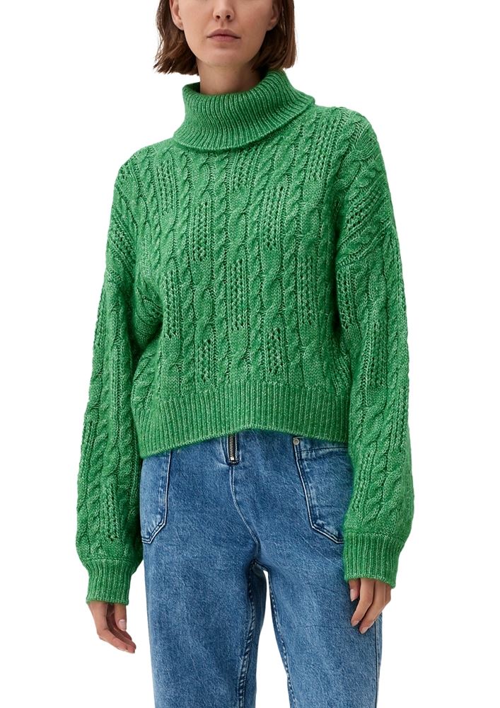 QS designed  by Pullover Ajourmuster Rollkragen beige, grün S22 2119042 L | 76W0 GREEN | 