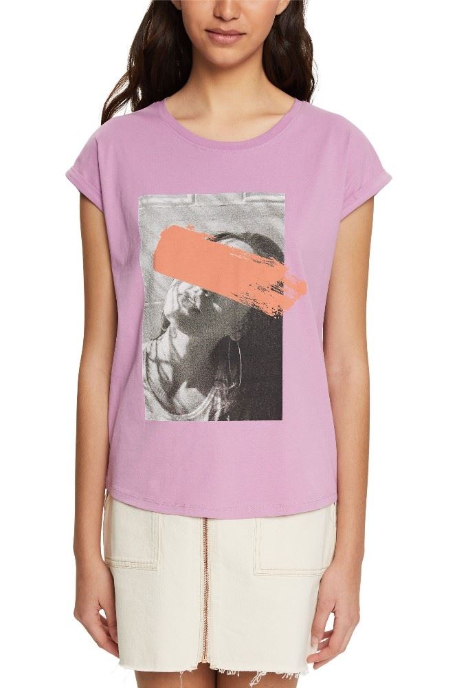EDC T- Shirt Frontprint rundhals- Ausschnitt weiß, lila S12 052CC1K328 XS | C560 LILAC | 